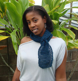 My daughter Adrienne Neale models the One-Ball Scarf I made in Vanna's Glamour