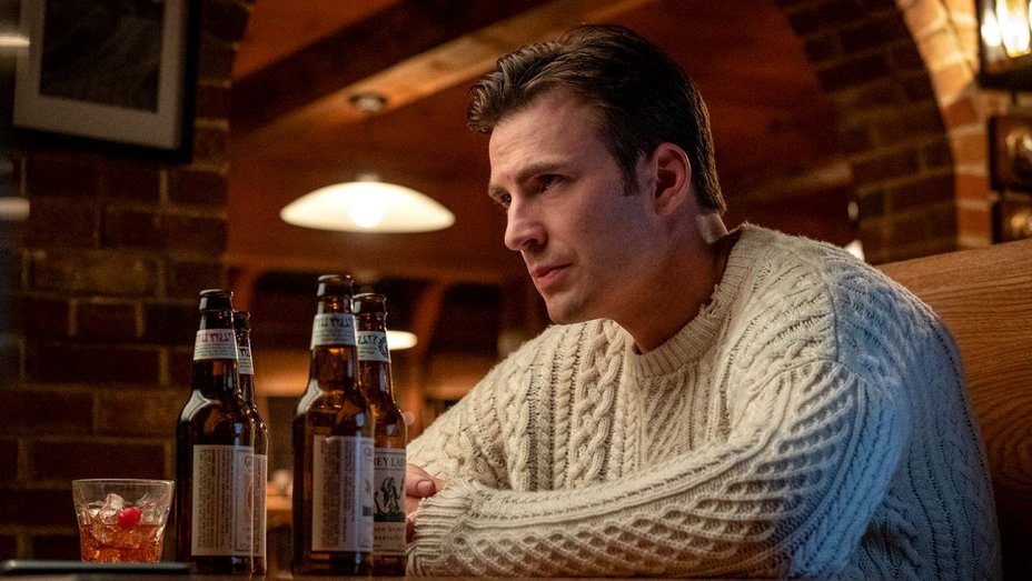 Chris Evans in white cable knit sweater